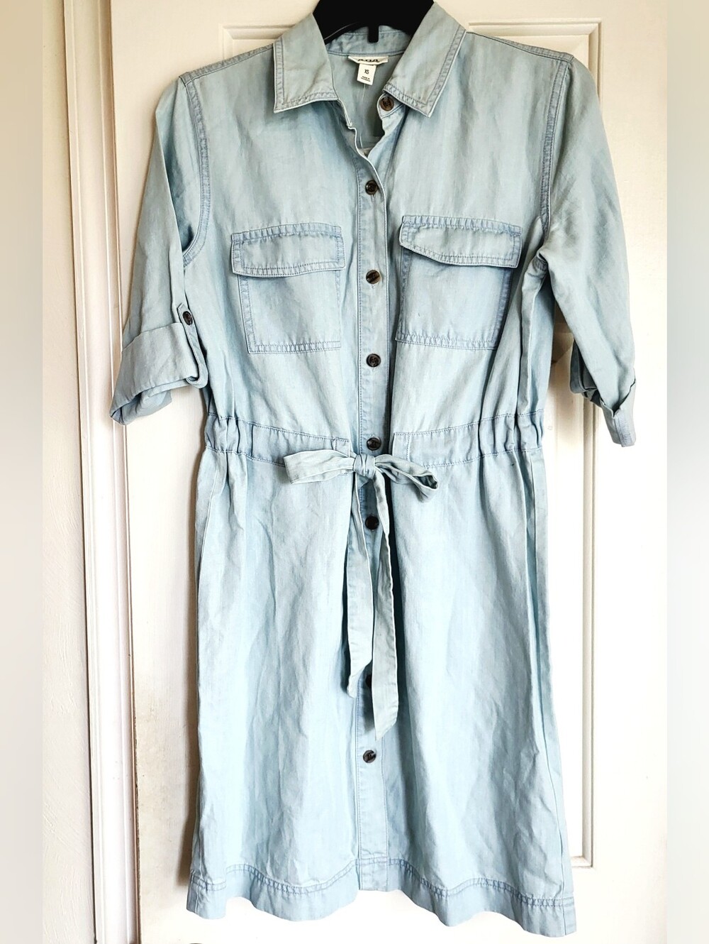 a.n.a Medium Wash Button Front Shirt Dress with Tie Waist